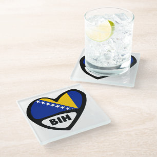 Bosnia and Herzegovina Country Code Flag Heart BIH Glass Coaster