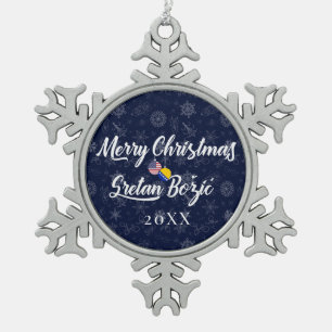 Bosnian American With Custom Year Bilingual Snowflake Pewter Christmas Ornament
