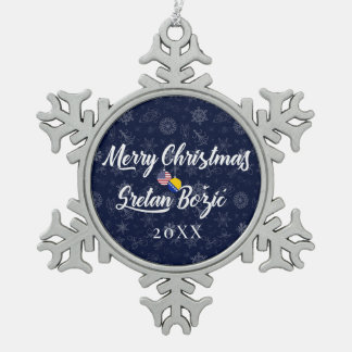Bosnian American With Custom Year Bilingual Snowflake Pewter Christmas Ornament