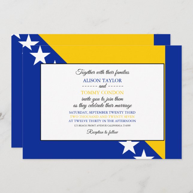 Bosnian Flag, Flag of Bosnia & Herzegovina Wedding Invitation (Front/Back)