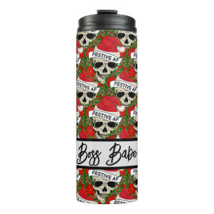 Boss Babe Festive AF Skeleton In Santa Hat Pattern Thermal Tumbler