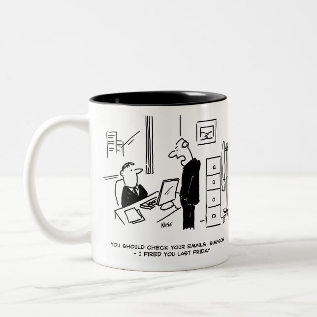 Boss Fires an Office Employee by Email Two-Tone Coffee Mug (Left)