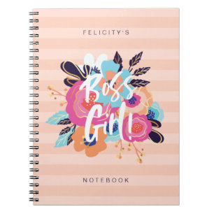 Boss Girl   Trendy Bold Florals & Blush Striped Notebook