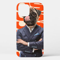Boss headed by dog head standing with hands crosse