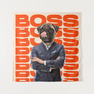 Boss headed by dog head standing with hands crosse tapestry