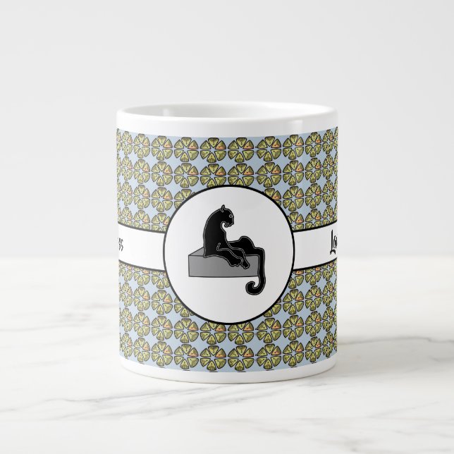 Boss Lady Black Cat and Pink Flowers Blue Large Coffee Mug (Front)