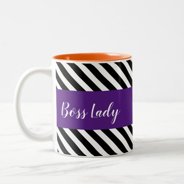 Boss lady  Black stripes and purple band Two-Tone Coffee Mug (Left)