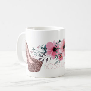 Boss Lady   Chic Floral Rose Gold Glitter Shoes Coffee Mug