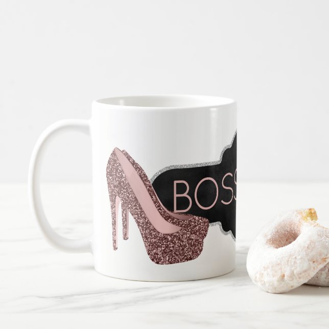 Boss Lady | Chic Silver Pink Glitter Shoes Coffee Mug (With Donut)