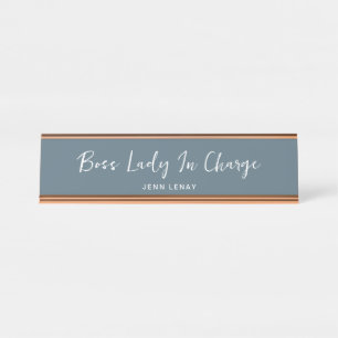 Boss Lady Dusty Blue Gold Office Personalized Desk Name Plate