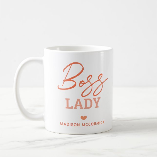Boss Lady Modern Pink Orange Script Personalised Coffee Mug (Left)
