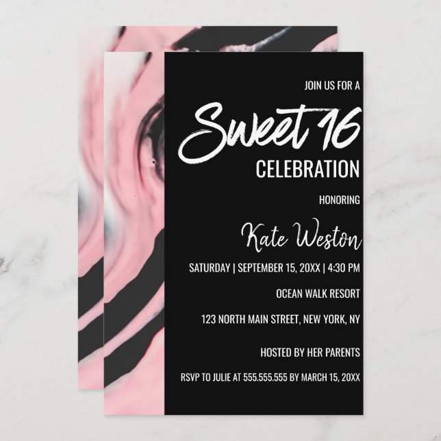 Boss Lady Pink Black Painted Marble Sweet 16 Invitation (Front/Back)