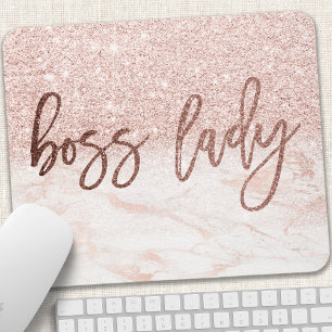 Boss Lady Rose Gold Marble Blush Pink Faux Glitter Mouse Pad