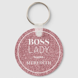 Boss Lady Trendy Girly Pink Glitter Personalized Key Ring