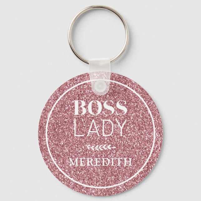 Boss Lady Trendy Girly Pink Glitter Personalized Key Ring (Front)