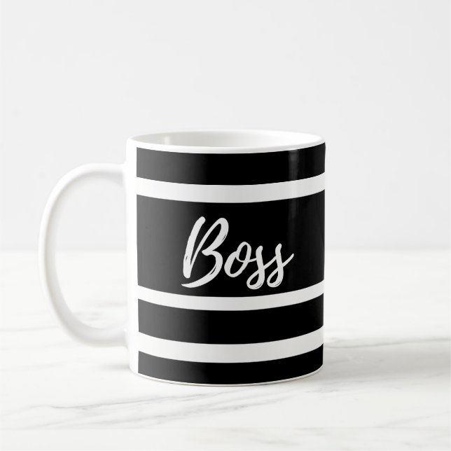 Boss Mug, black and white stripes Coffee Mug (Left)