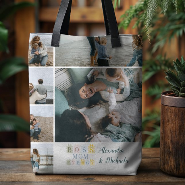 Boss Mum Energy Plaid Photo Collage Tote Bag (Creator Uploaded)
