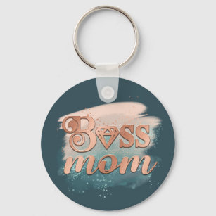 Boss Mum Trendy Copper Teal Watercolor Typography  Key Ring