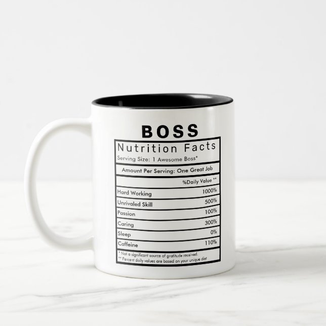 Boss Nutrition Facts Statistics Funny Two-Tone Coffee Mug (Left)