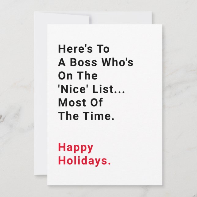 Boss on the Nice List Funny Sayings Holiday Card (Front)
