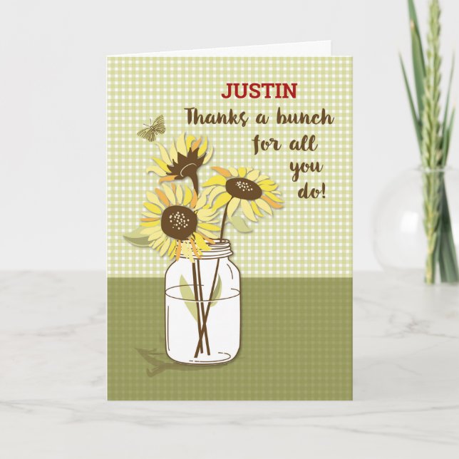 Boss’s Day, Custom Name, Justin, with Sunflowers Card (Front)