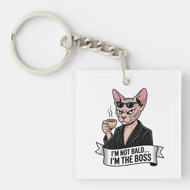 Boss Sphynx Cat Coffee Artwork Key Ring (Front)