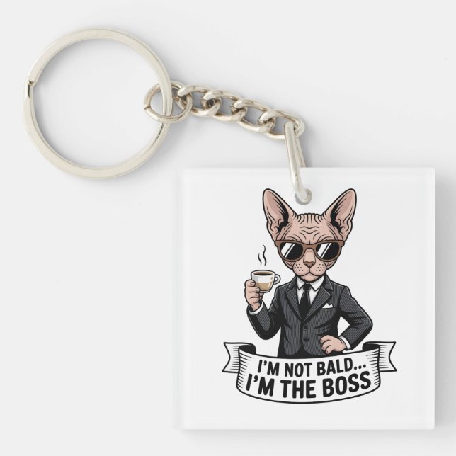 Boss Sphynx Cat Coffee Illustration Key Ring (Front)