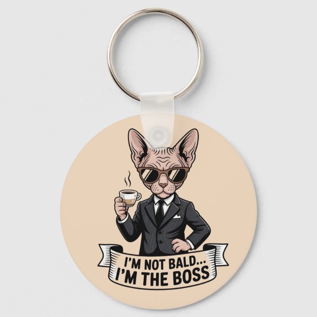 Boss Sphynx Cat Coffee Illustration Key Ring (Front)