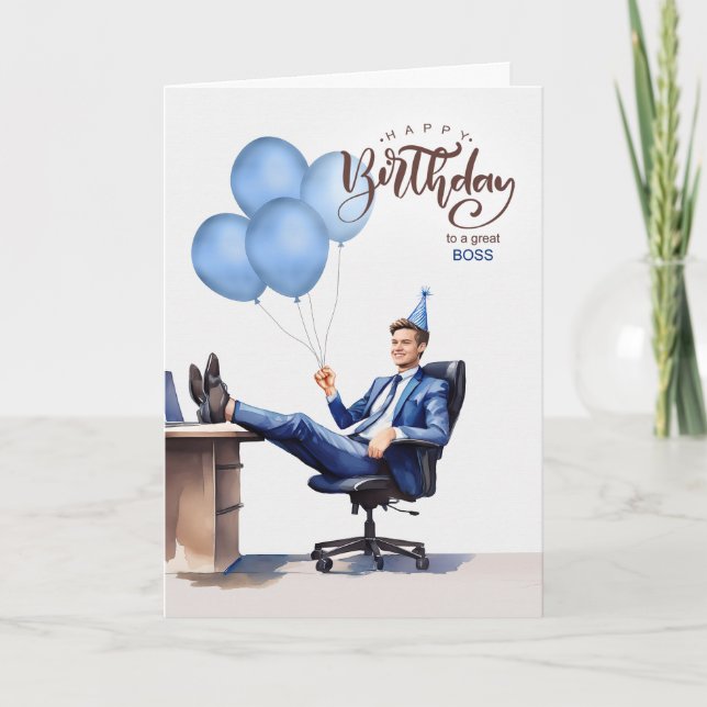 Boss's Birthday Blue Businessman in an Office Card (Front)