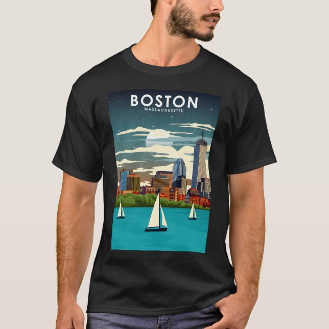 Boston at Night City Skyline Travel Poster  T-Shirt (Front)