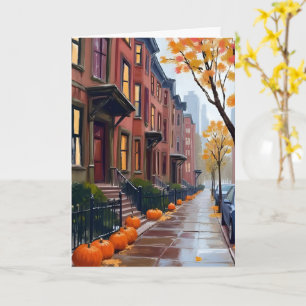 Boston Autumn Brownstones Pumpkin Watercolor Card