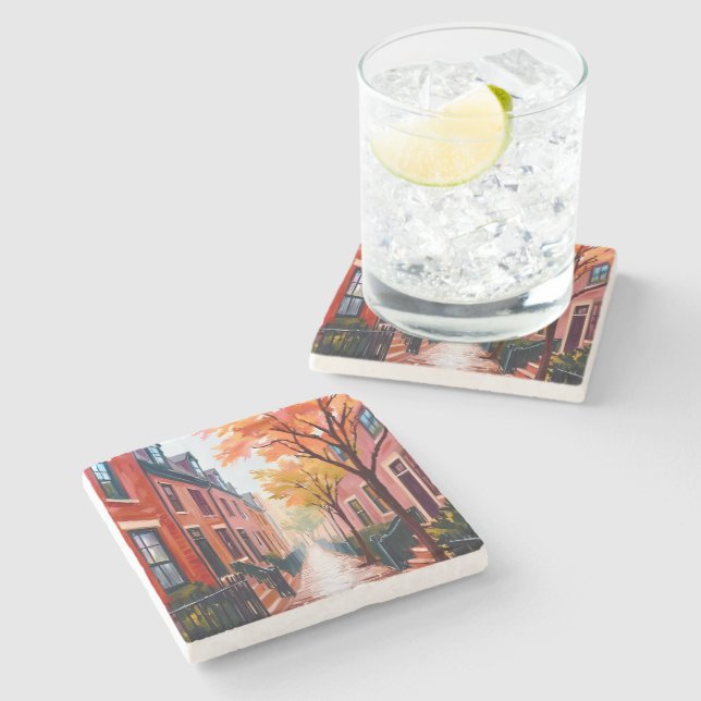 Boston Autumn Watercolor Beacon Hill Massachusetts Stone Coaster (Side)