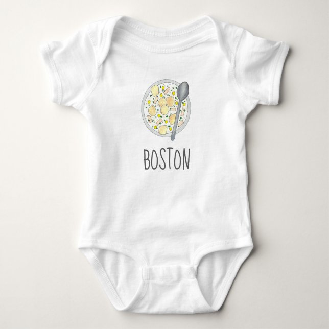 BOSTON Baby Massachusetts Clam Chowder Foodie Soup Baby Bodysuit (Front)