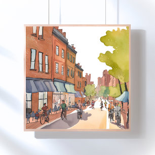 Boston Bike Ride North End Watercolor MA Poster