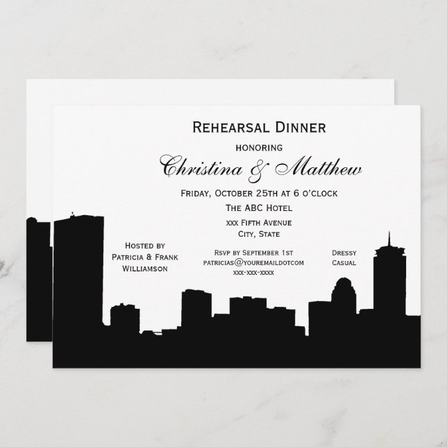 Boston Black Skyline Silhouette Rehearsal Dinner Invitation (Front/Back)