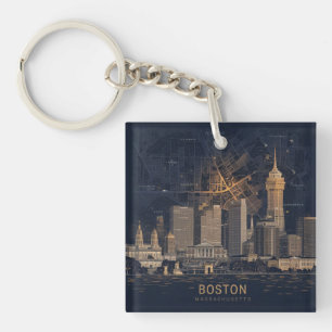 Boston, Boston Massachusetts City Skyline With Map Key Ring