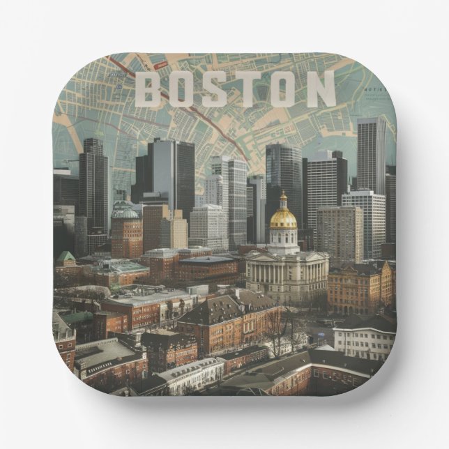 Boston, Boston Massachusetts City Skyline With Map Paper Plate (Front)