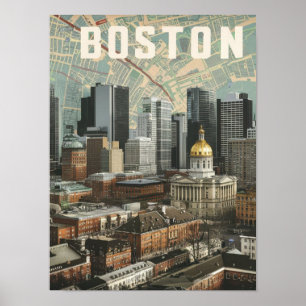 Boston, Boston Massachusetts City Skyline With Map Poster