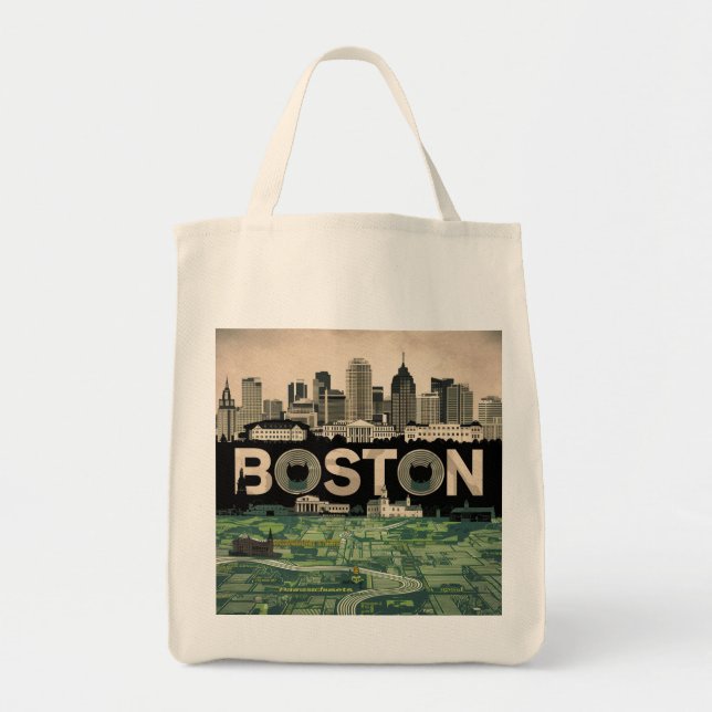 Boston, Boston Massachusetts City Skyline With Map Tote Bag (Front)