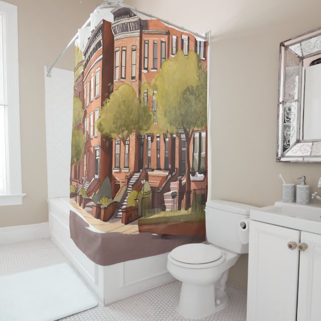 Boston Brownstones | Beacon Street Watercolor Shower Curtain (In Situ)