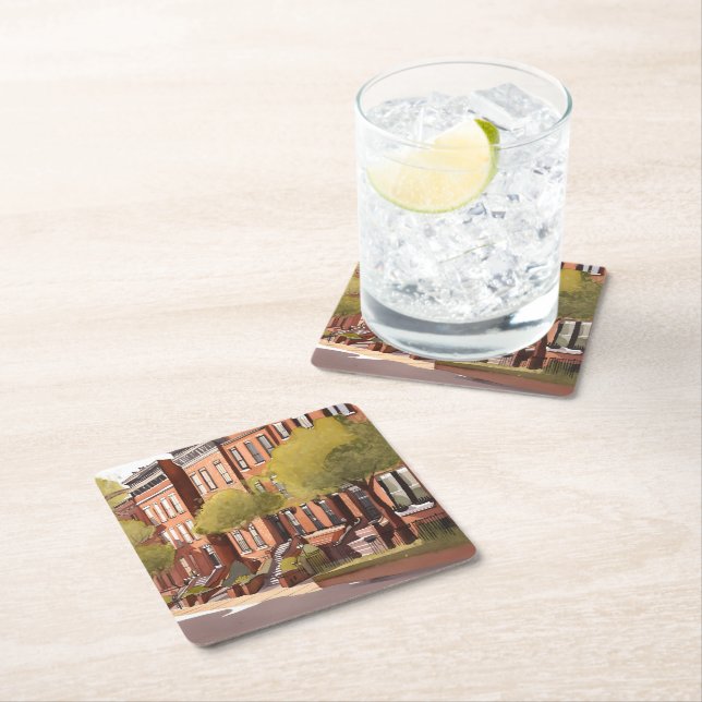 Boston Brownstones | Beacon Street Watercolor Square Paper Coaster (Insitu)