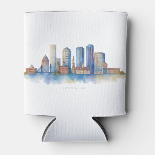 Boston City Skyline Watercolor   Modern Boston MA  Can Cooler