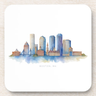 Boston City Skyline Watercolor Modern Boston MA Coaster