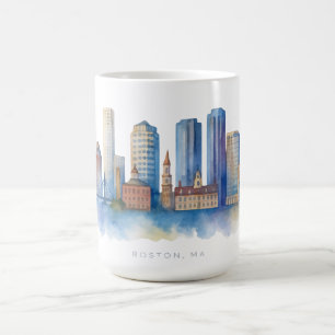 Boston City Skyline Watercolor Modern Boston MA Coffee Mug