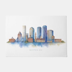 Boston City Skyline Watercolor Modern Boston MA Doormat