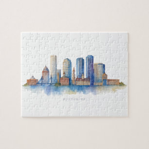 Boston City Skyline Watercolor   Modern Boston MA  Jigsaw Puzzle