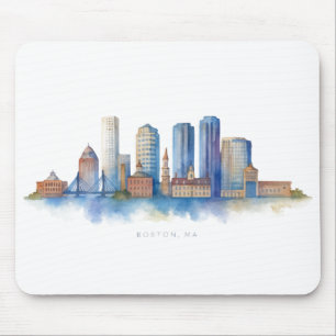 Boston City Skyline Watercolor   Modern Boston MA  Mouse Pad