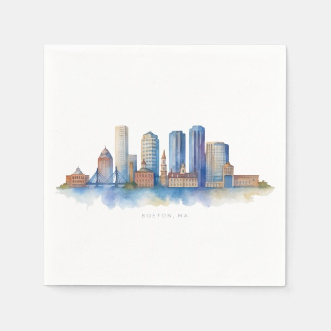 Boston City Skyline Watercolor | Modern Boston MA  Napkin (Front)