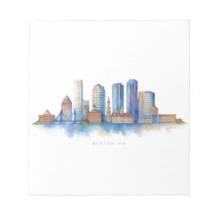 Boston City Skyline Watercolor Modern Boston MA Notepad