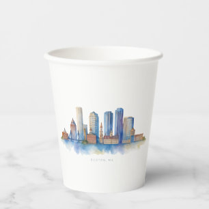 Boston City Skyline Watercolor Modern Boston MA Paper Cups